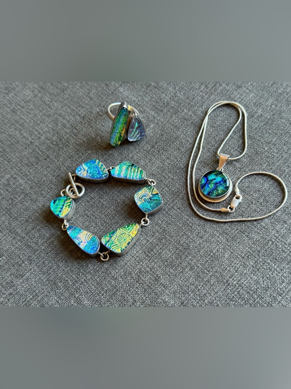 Sterling silver 925 Dichroic Glass Bracelet, necklace & adjustable ring